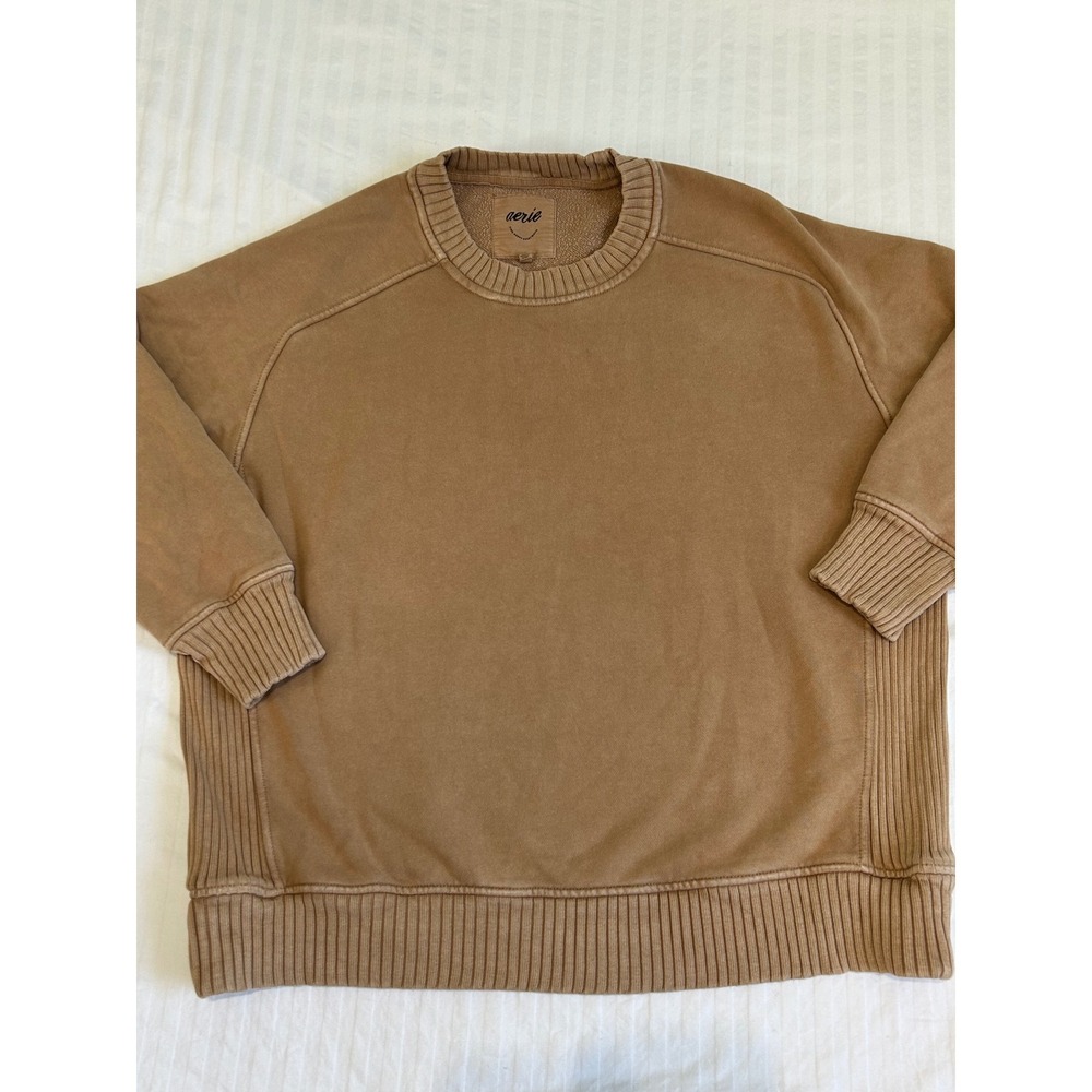Aerie Tan Brown Ribbed Side Panel Crewneck Sweatshirt Raglan Pullover Medium